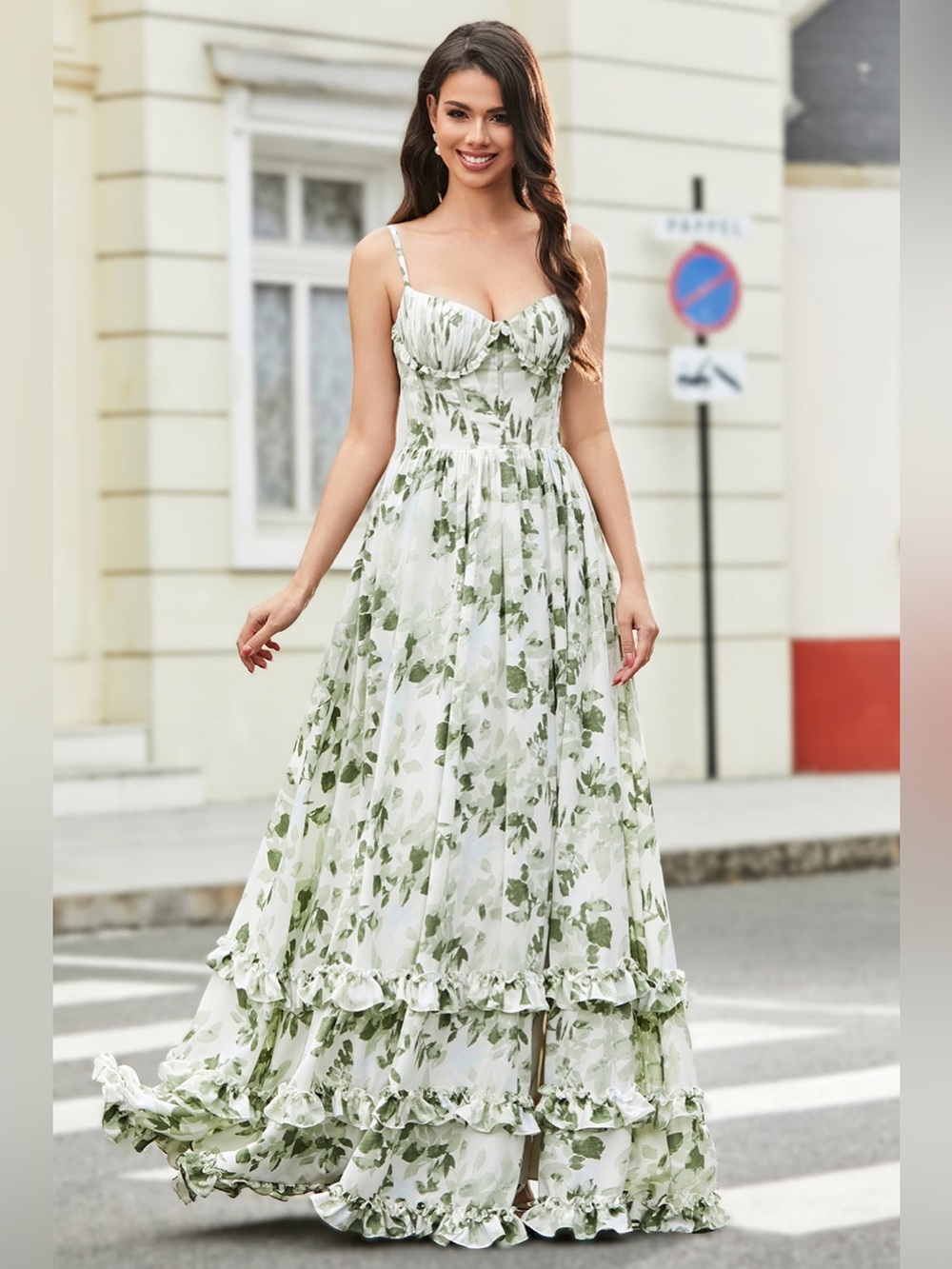 Women’s Green Leaf-Print Maxi Dress with Side Slit - Picture 5 of 9